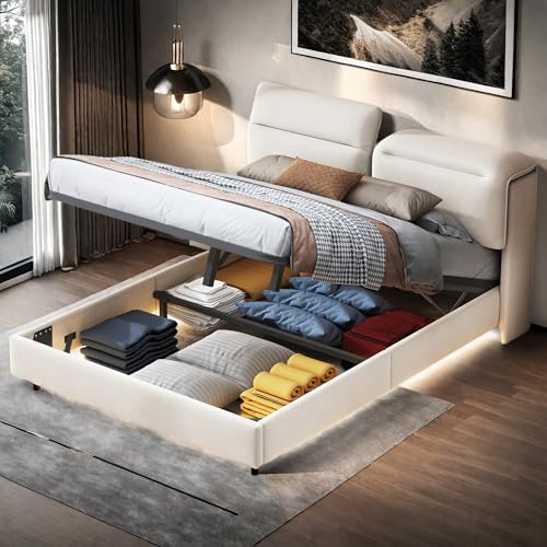HULUWA Doppelbett 140x200 cm,Polsterbett mit Verstellbarem Kopfteil,Paarbett mit Stauraum und LED-Beleuchtung,Ergonomisches samt Rückenbett mit Holz Lattenrost und Metall,Ohne Matratze,Beige Weiß
