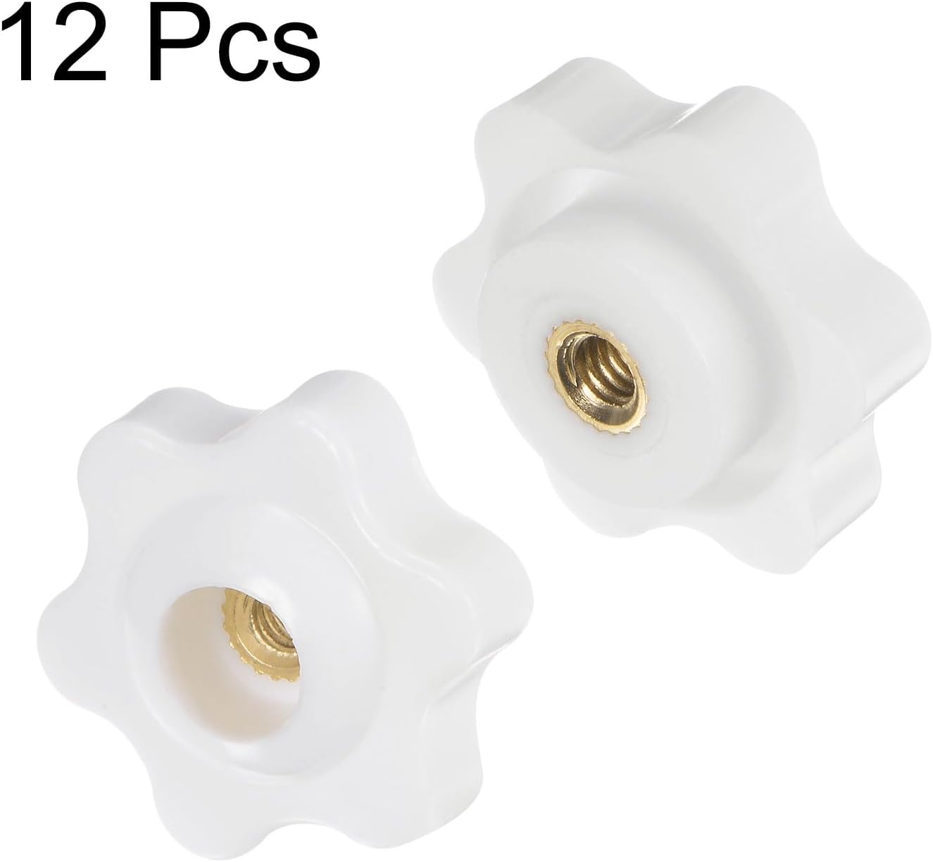 HARFINGTON 12pcs Star Knobs M4 Female Thread 25mm 6-Point Plastic Head Brass Insert Through Hole Screw-in Threaded Hand Knob Clamping Handle, White