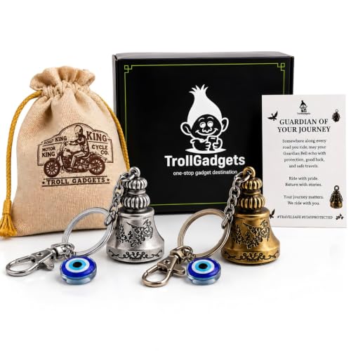 Image of TrollGadgets Premium Guardian Bell Keychain for Bike & Car | Tibetan Texture Bell Keychain with Evil Eye & Silver Hook | Good Luck Charm with Laser-Engraved Box And Potley