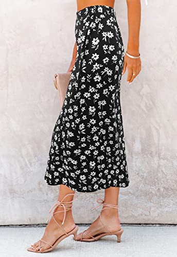 Image of HERBATOMIA Women's Floral Print Midi Skirt Casual High Elastic Waist Zipper Vintage Long Boho Skirts for Women