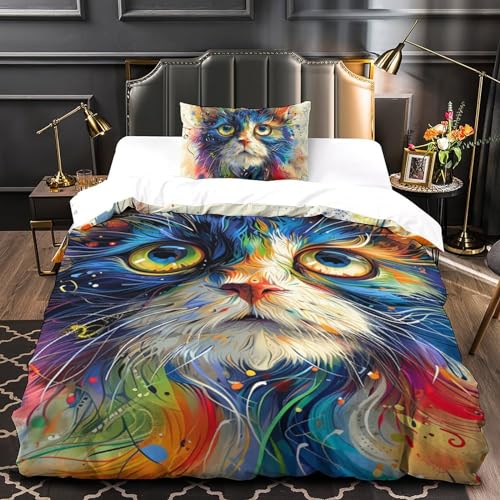 Housse de couette chat 3D anti-plis avec fermeture éclair