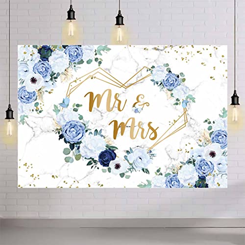 Aibiin 7X5Ft Mr And Mrs Floral Backdrop For Bridal Shower Blue And White Flowers Photography Background Hearts Geometric Couple Wedding Party Decorations Bride To Be Engagement Banner Props #TOP3