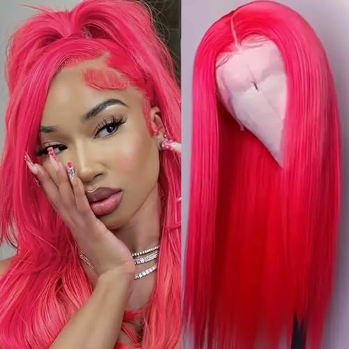 Lezaxiu Hot Pink Lace Front Wigs Wear and Go Glueless Wig Pre Plucked Long Straight Hair Wig Magenta Pink Wigs Ready to Wear Wigs Heat Resistant Synthetic Lace Front Wigs for Women