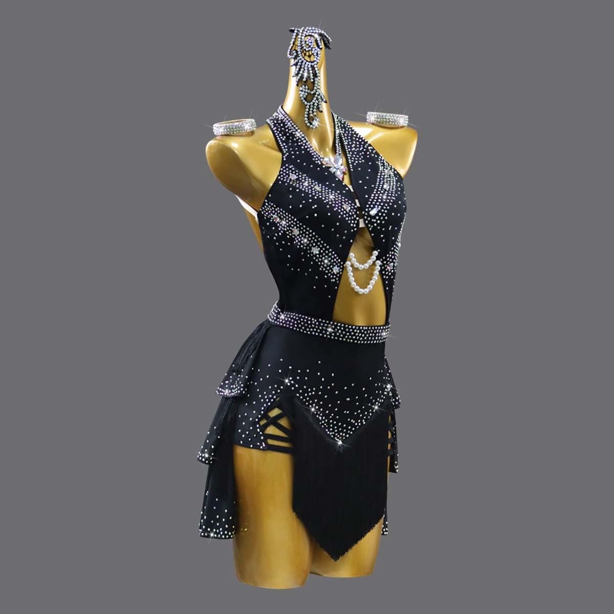 Damen Sexy Rückenfreies Fransen Latein Tanzkleid Ballsaal Salsa Samba Cha Cha Rumba Schwarzes Latein Wettkampfkleid