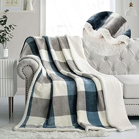 PU MEI Sherpa Fleece Throw Blanket 60" x 80" Reversible Plush Fluffy Large Big Blanket Lattice Flannel Blankets for Sofa Couch Bed (Grey-Soft Blue, 60"*80") Cover