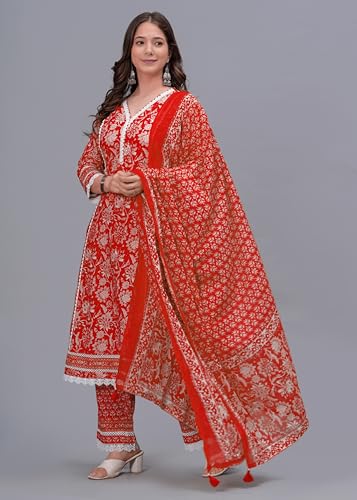 Image of Amayra Women's Pure Cotton Printed Straight Kurta Set with Palazzo Pants & Dupatta- Ethnic Wear