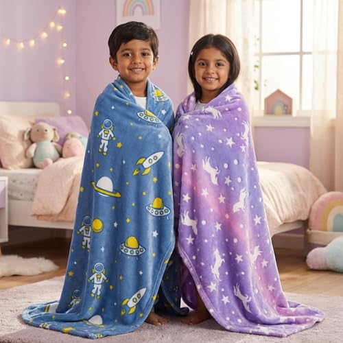 Image of Famyo Glow in The Dark Flannel Fleece Blanket Combo 200x152 cm | Astro & Unicorn Purple, soft all-season double /queen bed blanket, warm cozy throw for kids & home