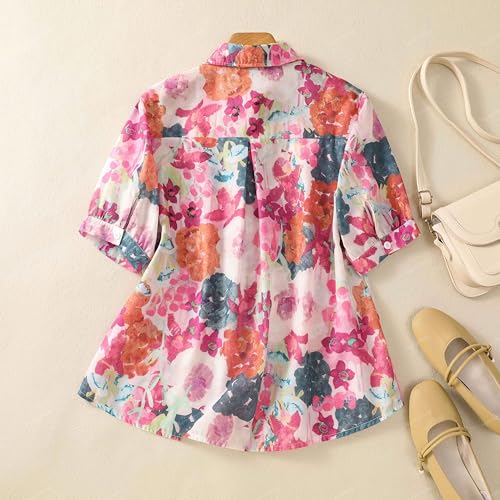 Image of Gufrina Women Mustard Multicolor Floral Print Button-Down Shirt with Elbow Sleeves and Collar Neck in Soft Breathable Fabric Ideal for Casual wear and Relaxed Styling
