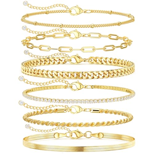 DEARMAY 14K Gold Plated Ankle Bracelets for Women Waterproof Dainty Anklets for Women Trendy Layered Cuban Link Chain Herringbone Cute Anklet Summer Beach Jewelry Fashion Gift for Women