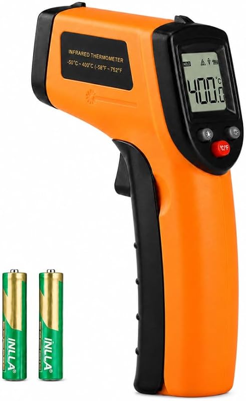 Pistola de termómetro infrarrojo, termómetro de superficie digital sin contacto con puntero láser, LCD retroiluminada, -58 °F a 752 °F para cocinar, HVAC, automotriz-GM320