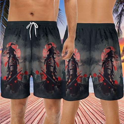 Men's Japanese Samurai Swim Trunks - Japanese Warrior Quick-Dry Hawaiian Swim Shorts for Men Series 173