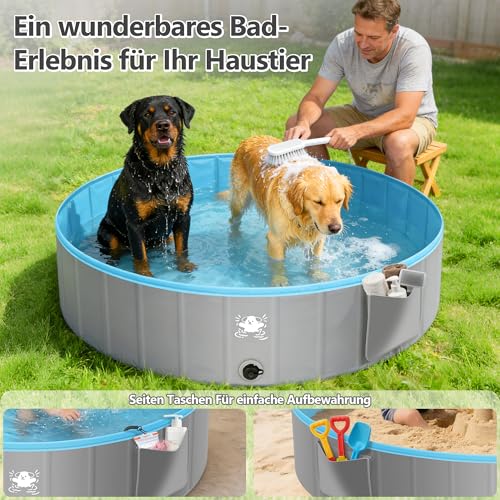 BuntWunder Faltbare Hundepool, 120 X 30cm Hundepool für Große & Kleine Hunde, rutschfest Verschleißfest Verdickt PVC Planschbecken für Hunde & Kinder, Tragbar Hundebadewanne mit 4 Flicken