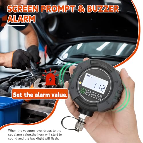 Image of Pro HVAC Micron Vacuum Gauge, Digital AC Micron Gauge 0-75000 Microns | Vacuum Tester with Alarm , LCD Backlit Display, 7 /16-20 UNF & 1 /4 inch SAE Ports, Includes T-Connector and Extension Adapter