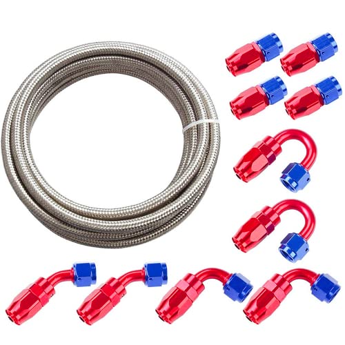 8AN 20Ft Universal Braided Oil Fuel Line Hose Stainless Steel Nylon with 10PC Swivel Fitting Hose Ends Adapter Kit, Silver Red and Blue