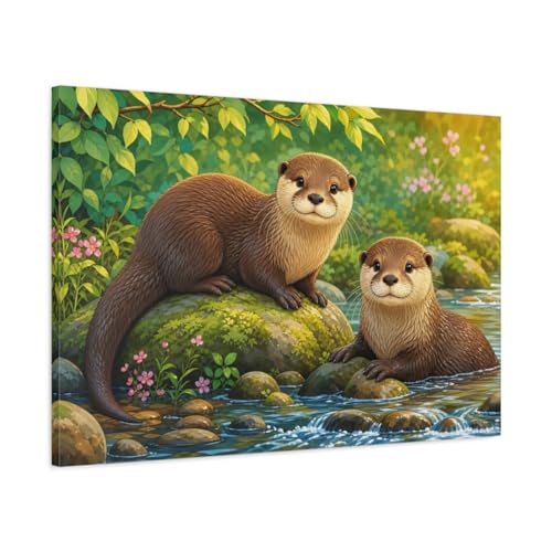 Tableau loutres réaliste déco murale enfant horizontal 90x60cm
