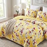DaDa Bedding Tagesdecke, gesteppt, Sonnengelb, Blumenmuster, Kolibri, gewellte Kanten, leuchtende Bunte rote Blumen Garten California King Gelbe Kolibri