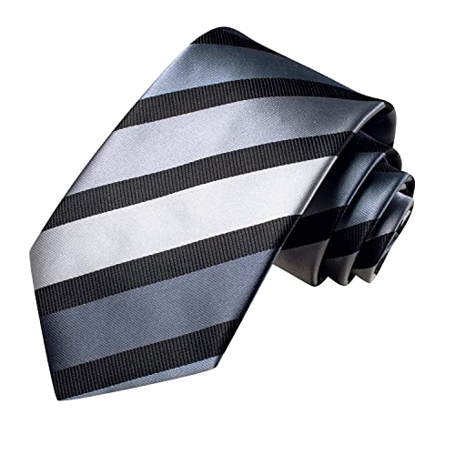 Image of Hi-Tie Black Grey Ties for Men Striped Woven Necktie and Pocket Square Lapel Pin Silver Tie Clip Cufflinks Set Wedding Business 6PCS