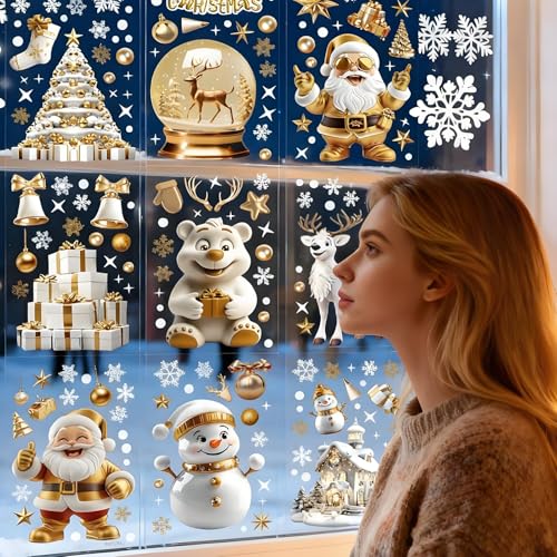Fensterbilder Weihnachten Selbstklebend – 9 Stück Weiße Goldene...