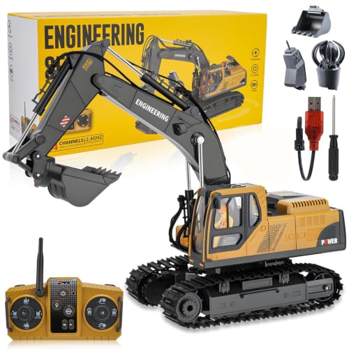 RC Excavator Toy for Boys 3-12, 3-IN-1 Bucket/Claw/Drill, 2.4GHz 14 Channel Construction Truck with...