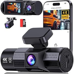 3 Channel 4K WiFi Dash Cam Front and Rear Inside,4K+1080P+1080P 170°Wide Angle WDR Night Vision Mini 3 Dash cam with App, G-Sensor, Loop Recording,Voice hint,24H Parking Mode, 32G SD Card Included