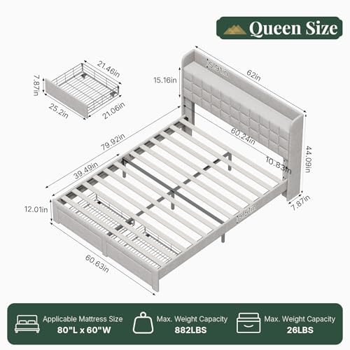 Image of Queen Size Storage Bed Frame, Square Tufted Headboard, Platform Bed with 2 Underbed Drawers at Foot, Wooden Slats Support, No Box Spring Needed, Light Gray