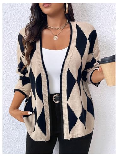 Women's Plus Size Geometric Graphic Cardigan Sweaters Open Front Long Sleeve Knit Outerwear3