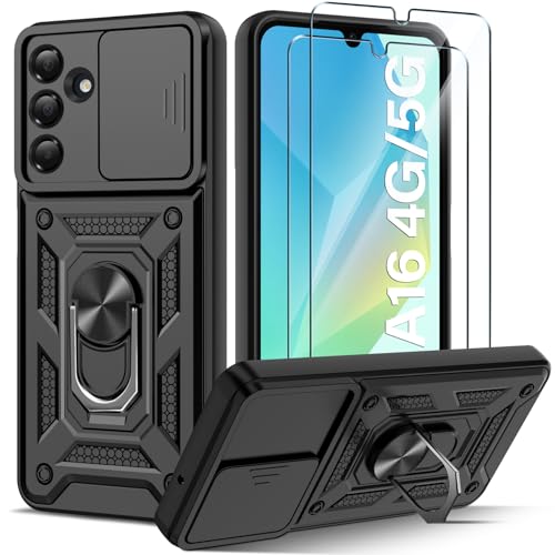 Guisessy Funda para Samsung Galaxy A16 5G/4G Armor Carcasa Cubierta de cámara Deslizante Proteger con 2 Pack Cristal Templado Protector, con 360 Anillo Soporte PC y Silicona TPU Case, Negro