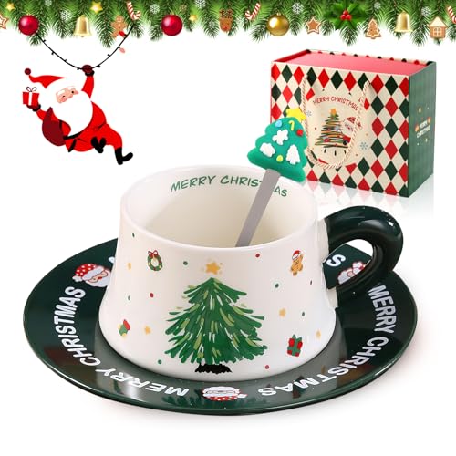 Shyllin Taza de Café de Navidad, 290ml,Juego de Tazas de Porcelana de Navidad,Taza de Té,Puede Ser Caliente o Frío,Viene con Cuchara y Plato,Adecuado para Regalar,Merry Christmas (Árbol de Navidad)