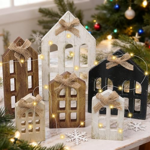 6 Pièces Maison de Noel, Village de Noel en Bois, Maison Miniature, Maisons Noël avec Guirlande Lumineuse, Decoration Table Noel, Cadeau Hiver Village de noël pour Décoration Festive Fenêtres