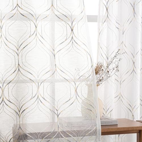 MIULEE Cortinas Transparentes Bordadas con Ojales, con Estampado de Rombos, para Dormitorio y salón, Moderno Juego de Cortinas Minimalista de 2 Piezas，225x140 cm, Blanco y Gris