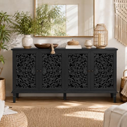 Image of Black Buffet Cabinet with Carved Doors, Black Accent Cabinet, Sideboard Buffet Cabinet with Storage Shelves, Vintage Cabinet for Dining Room, Living Room & Entryway