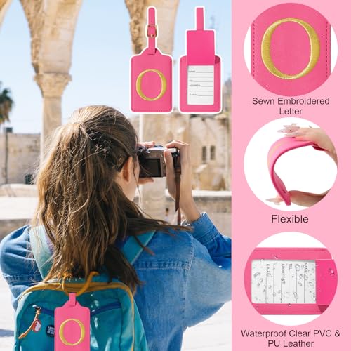Image of Initial Letter Luggage Tags for Suitcases, Personalized Embroidered Letter Luggage Bag Suitcase Identifier Name Tag, Cute PU Leather Travel Luggage Tags, Bag Tags for Luggage Handbags(Rosered O)