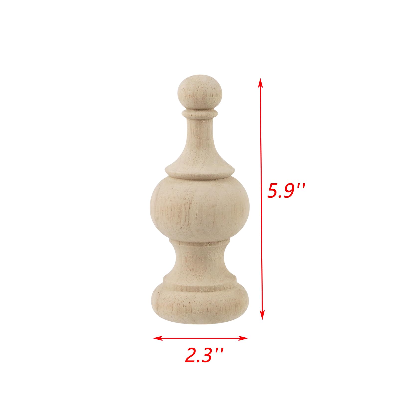 2 Unfinished Wood Finials - 2.3x5.9 Inch Wooden Post Caps For Staircases & Furniture Decor