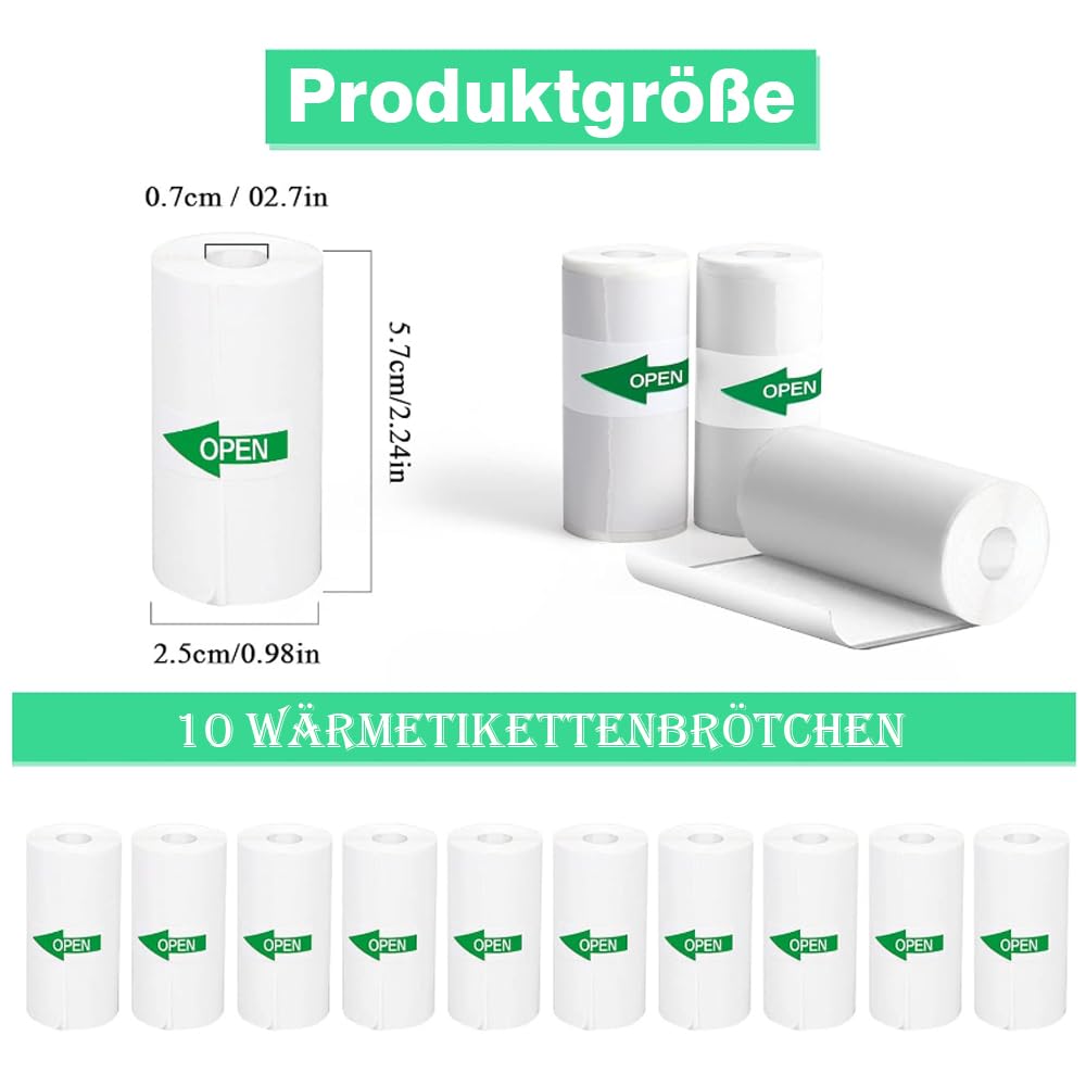 10 rolek termicznych, mini papier termiczny, samoprzylepny, mini drukarka fotograficzna, etykiety do przenośnej drukarki fotograficznej (57 x 25 mm)