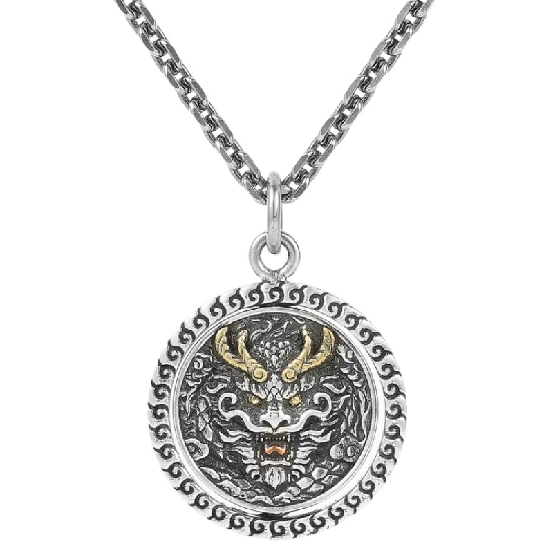Collier dragon argent anti-stress pendentif rotatif rond zodiaque pour homme élégant