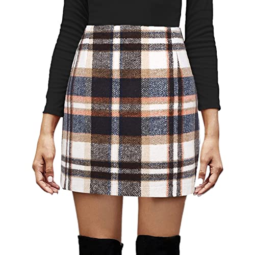 Image of Felcia Womens High Waist Plaid Mini Skirt Classic Tartan Print Wool Bodycon Pencil Skirt Work Office Versatile Short Skirt Streetwear (A-Brown, L)