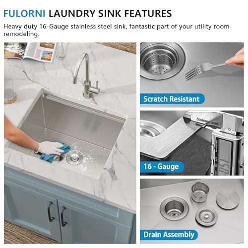 Image of 21 inchx18 inch Undermount Laundry Utility Sink Workstation - 16 Gauge T304 Stainless Steel, 12 Inch Deep Single Bowl Under Counter Basin for Laundry Room, RV or Utility Use
