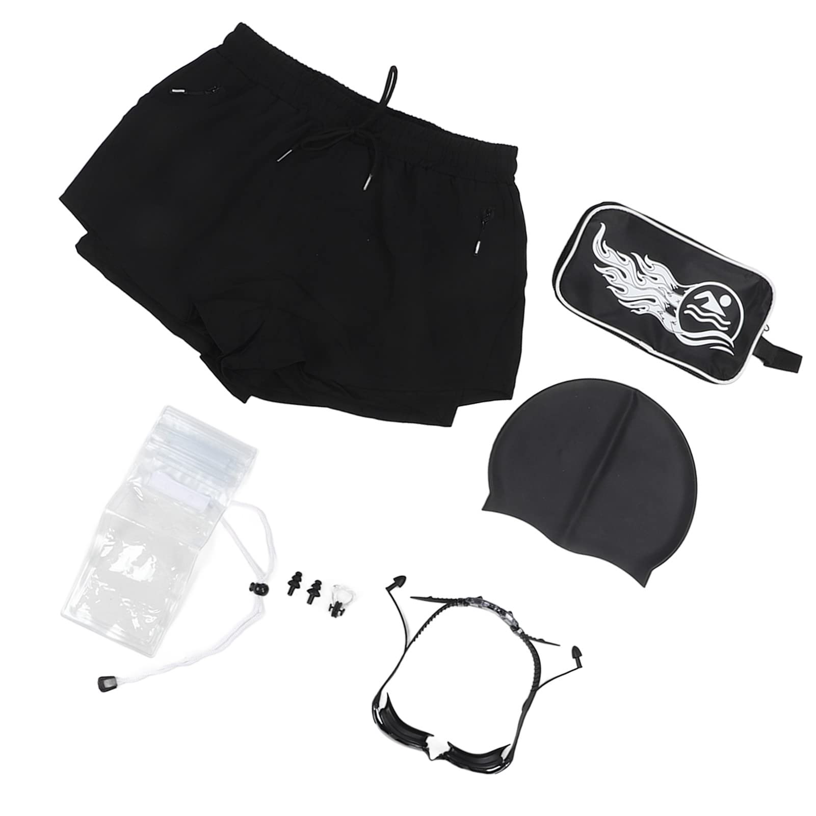 Swim Shorts Glasses Hat, Adjusting Drawstring Anti Embarrassing 8Pcs Polyester Polyurethane Men Swimming Shorts with Nose Clip Ear Plugs for Gym (XXL)-image-42