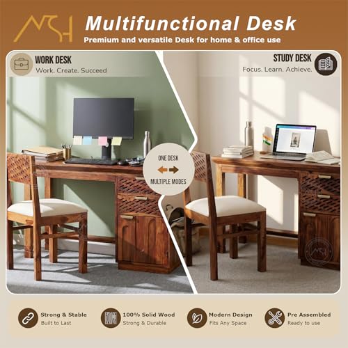 Image of NSH Solid Sheesham Wood Study Table with Chair | Wooden Writing Desk with Drawer & Door Storage | Pre-Assembled Computer Desk Workstation for Home Office & Study Room | Teak Finish