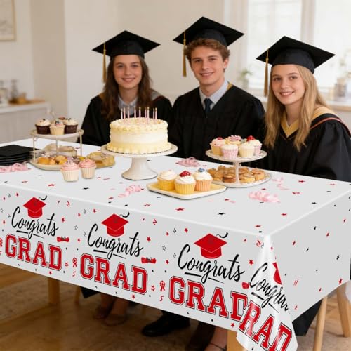 Image of Oigco 2026 Graduation Decorations, 2 Pack Red Graduation Tablecloths Class of 2026, Congrats Grad Plastic Table Cloths for Graduation Party Decorations, 54 x 108 Inch