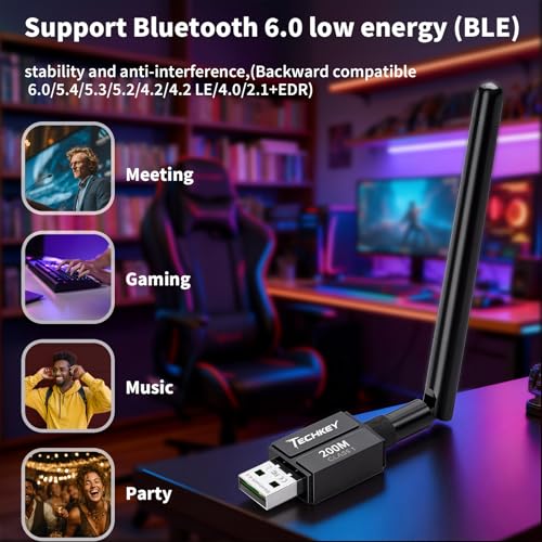 Image of USB Bluetooth 6.0 Adapter for Desktop PC: Plug & Play 600FT Long Range Wireless Dongle with 5dBi Antenna for Laptop Windows 11 /10 /8.1, Pair BT Headphones /Headset /Speaker /Mouse /Keyboard /Printer