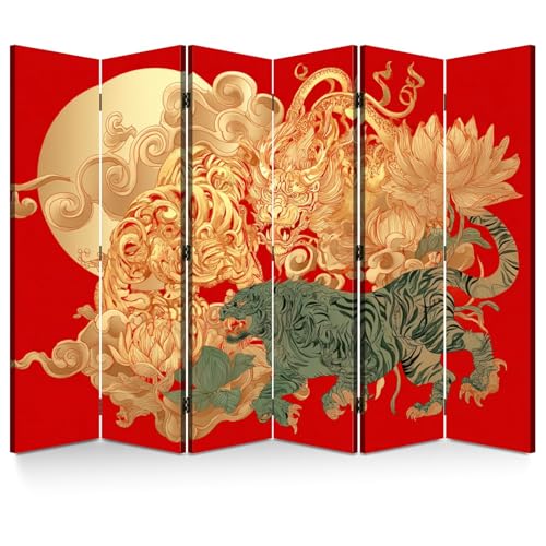 6 Panels Folding Screen Room Divider Dragon Tiger Tattoo Sun