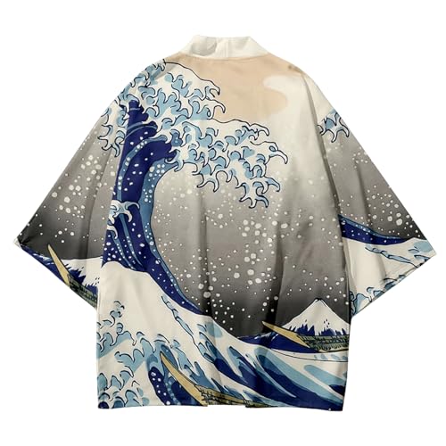 Image of DOSLAVIDA Men's Japanese Kimono Jacket Set Stylish Open Front Coat With Shorts Chinese Style Printed Cardigan Suit