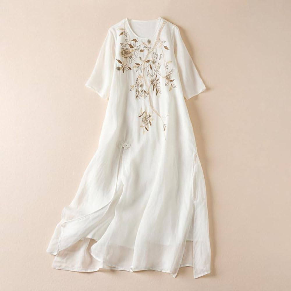 Robe Longue en Coton et Lin brodée de Fleurs pour Femme, Robe bohème en Coton et Lin, Robe d'été Classique à Manches mi-Longues et col Rond