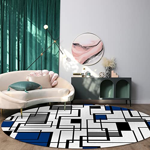 Geometric Middle Century Abstract Round Area Rug 6Ft,Washable Outdoor Indoor Carpet Runner Rug For Bedroom,Kitchen,Bathroom,Living Room,Blue Black Modern Art Area+Rug Large Bath Door Desk Floor Mat #TOP1