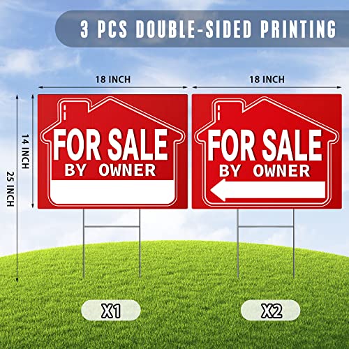 For Sale By Owner Yard Sign (3 Pack), 18" X 14" Double-Sided Yard Signs With Metal H Stakes，For Sale By Owner Signs For Real Estate, Perfect For Home Owners Real Estate Directional Arrows Signs, House For Sale Signs，Weather-Proof,Red #TOP1