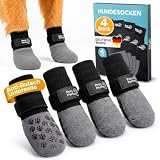 PETS PERFECT Hundesocken Anti-Rutsch – 4er Set Pfotenschutz Hund mit langem Klettverschluss – Hundeschuhe & rutschfeste Socken für Hunde, drinnen & draußen – atmungsaktiv & waschbar – Grau/Schwarz, L