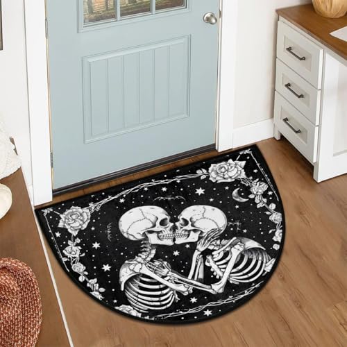 Image of cfpolar Half Round Door Mat Halloween Flower White Skull Non-Slip Semi Circle Area Rug Washable Half Moon Hearth Rugs for Indoor Outdoor Bathroom Kitchen Patio Runner Mat Laundry Room Home Decoration
