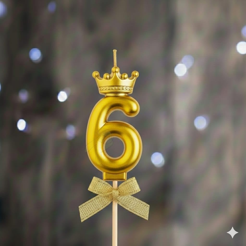 Golden Number Crown Birthday Candle – Premium Metallic Cake Topper Candle with Crown Design for Birthday Decorations (Gold) (6th)-image-9