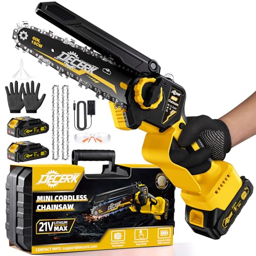 DECERK - Mini motosierra eléctrica sin escobillas de 6 pulgadas, sin cables, motosierra portátil de mano con 2 baterías, para podar/árbol/rama/corte de madera, el mejor regalo de jardín para papá